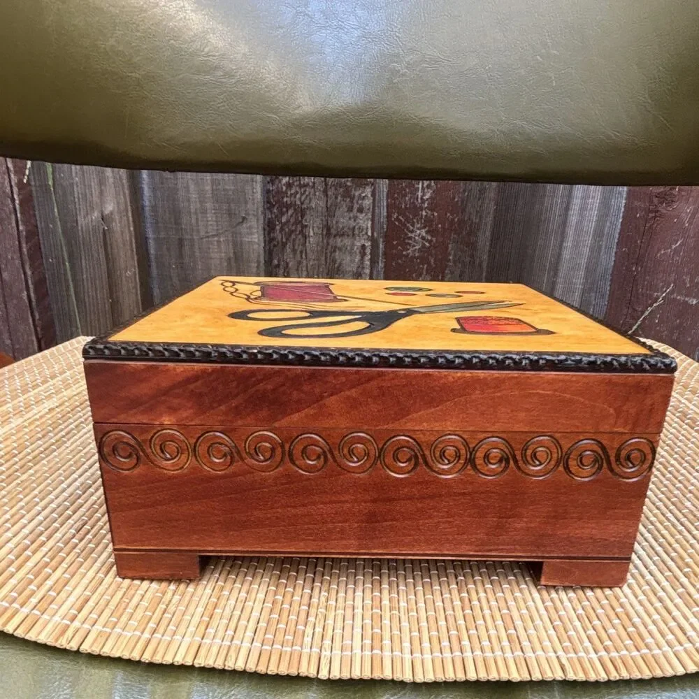 Vintage-Inspired Square Wooden Sewing Jewelry Box, Lined Interior, Poland